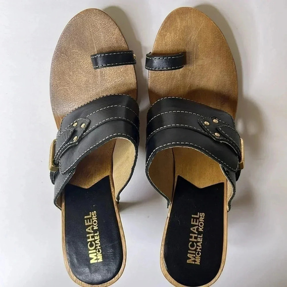 Michael Michael Kors black wooden gold buckle sandal size 8.5m - Picture 2 of 6